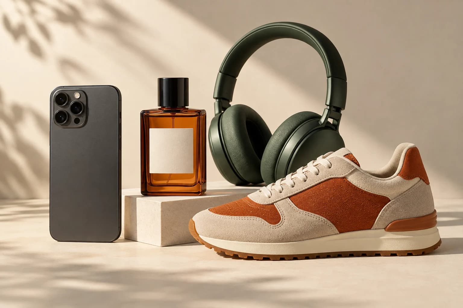 Celular, perfume, fone e tênis: produtos de diferentes ramos do comércio.